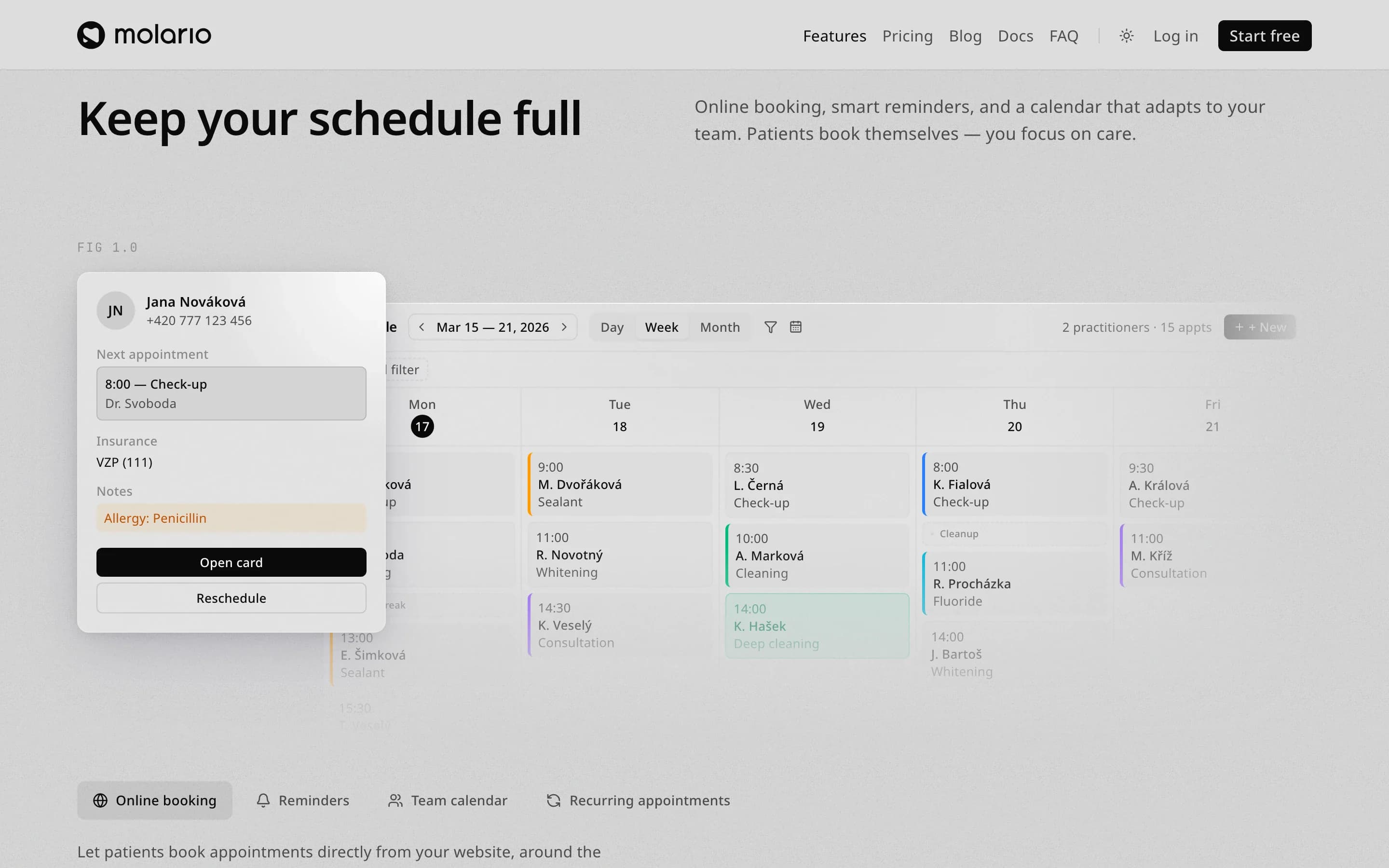 Team calendar with a patient card open